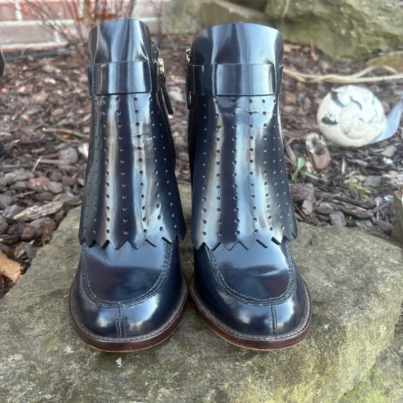 Tory Burch Hyde  Navy Leather Fringe Ankle Boots Block Heel Women Size 9 - Picture 4 of 8